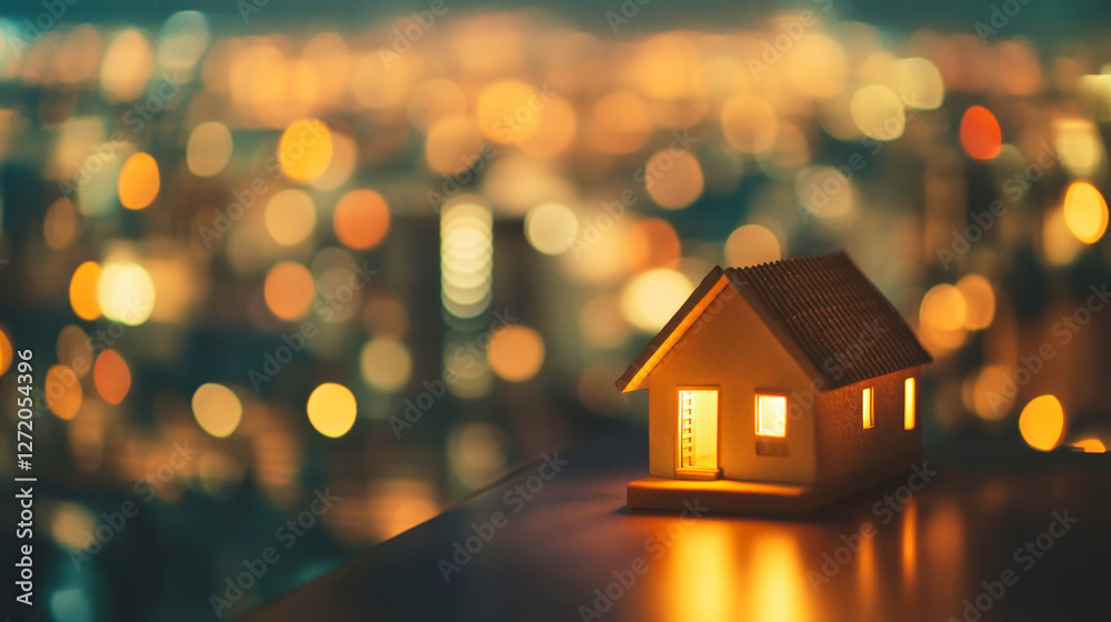 Small house model illuminated against a blurred city backdrop with warm colors and soft lighting