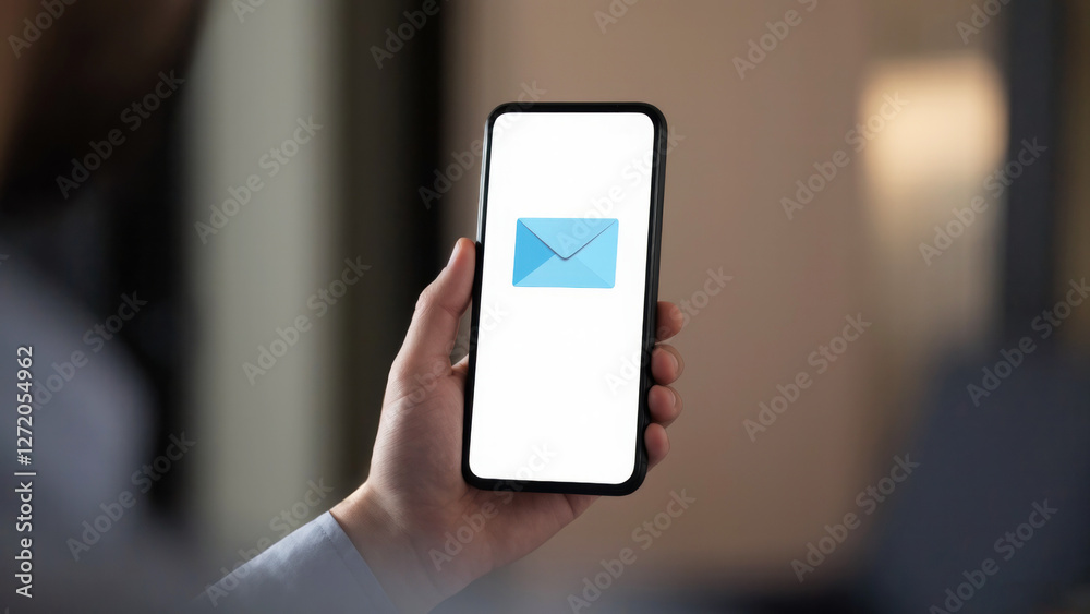 A person is holding a smartphone with an open e-mail application on the screen..... A person is holding a smartphone with an open e-mail application on the screen.....