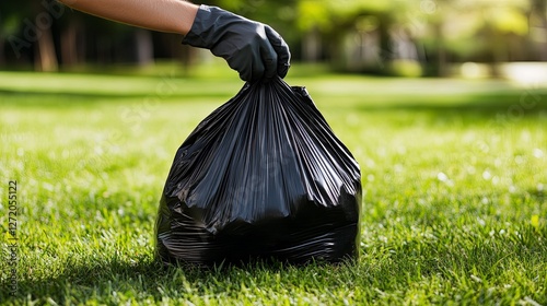Person wearing glove holding black trash bag on grass