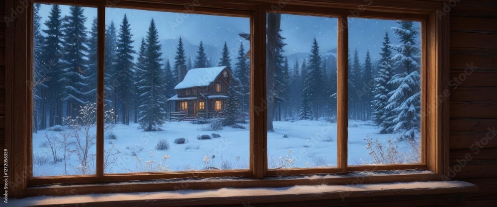 Fototapeta premium Freshly fallen snowflakes gently covering the frosty windowpane of a cozy cabin, cozy cabins, frosted glass windows