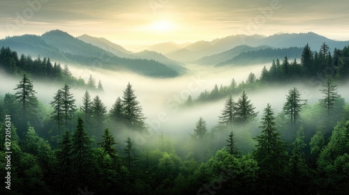 Sunrise over misty mountain valley, forests, peaceful scene, nature background, travel postcard