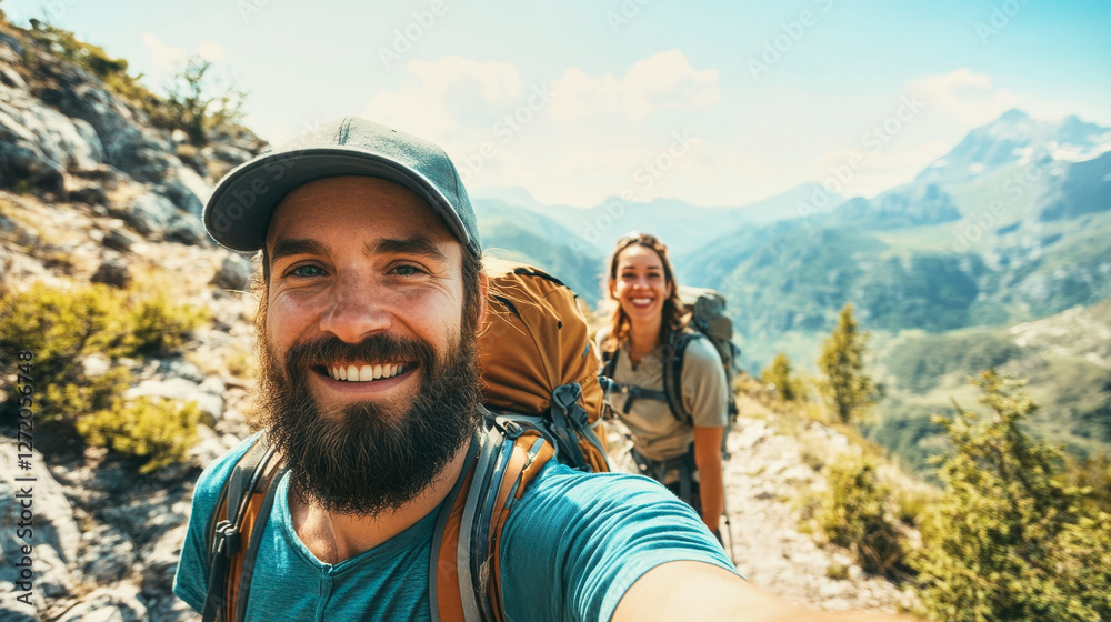 Confident hiker enjoying a high-altitude mountain trail adventure with a friend Confident hiker enjoying a high-altitude mountain trail adventure with a friend