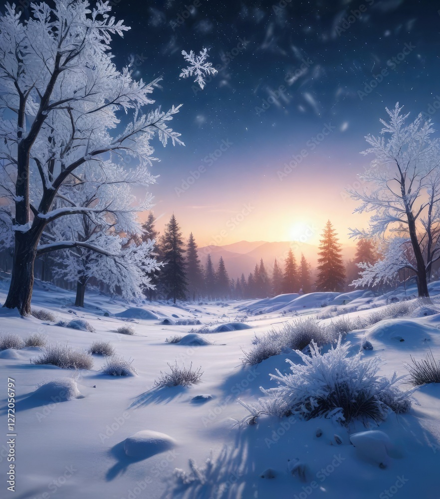 Frosty winter landscape with navy blue and white snowflakes in the background, peaceful, frozen , landscape Frosty winter landscape with navy blue and white snowflakes in the background, peaceful, frozen , landscape