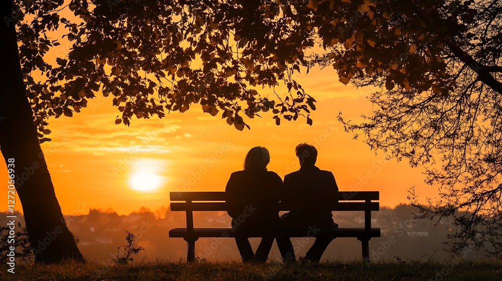 Obraz premium A couple sitting together on a bench watching the sunset