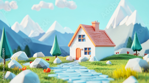 Cute low-poly house in a bright blue landscape with stylized mountains and greenery