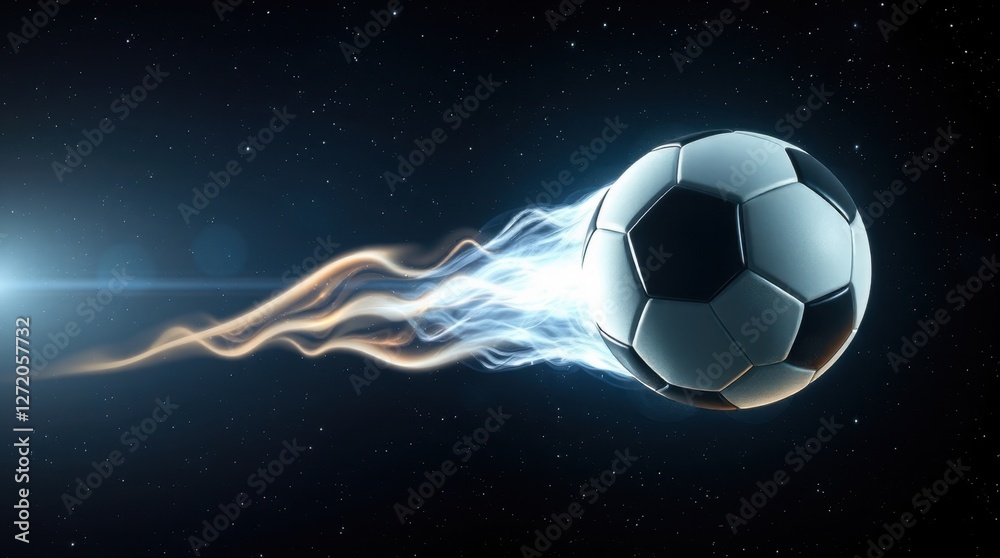 Naklejka premium Soccer ball soaring through cosmic space with blazing trails of light in an artistic depiction of sport and movement