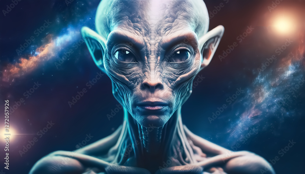 Mysterious Alien with Large Ears in Cosmic Background. Mysterious Alien with Large Ears in Cosmic Background.