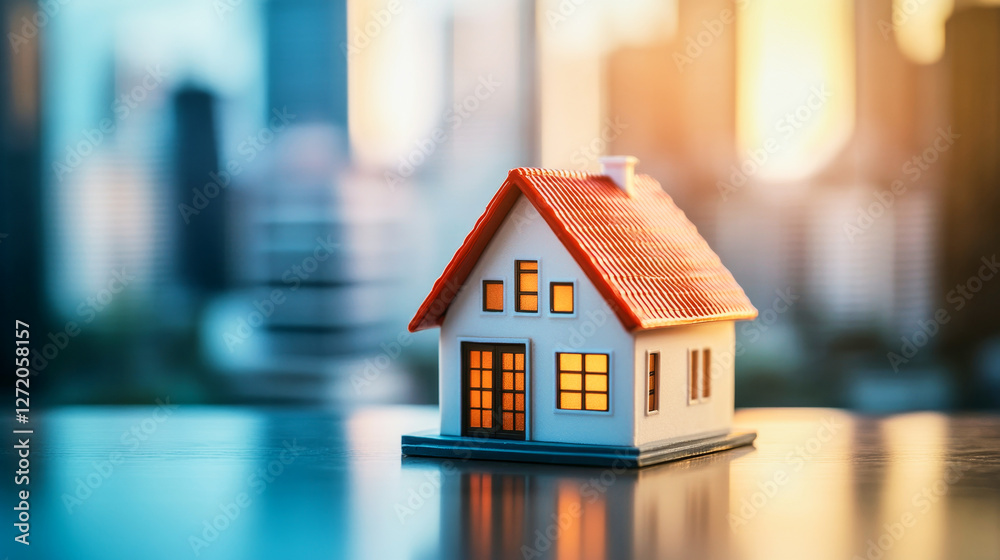 Miniature house model with red rooftop on desk showcasing real estate concept against city skyline Miniature house model with red rooftop on desk showcasing real estate concept against city skyline
