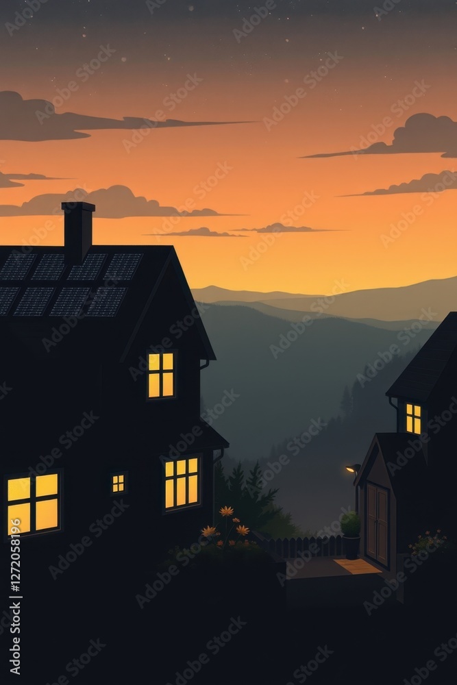 Warm glow of illuminated windows at dusk in a tranquil mountain village with solar panels adorning rooftops Warm glow of illuminated windows at dusk in a tranquil mountain village with solar panels adorning rooftops