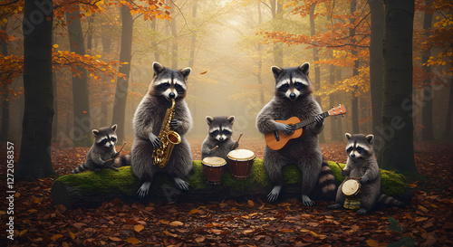 Photo of a family of raccoons playing musical instruments in the forest, like a jazz band, cozy atmosphere, rainy, foggy, leaves changing color
