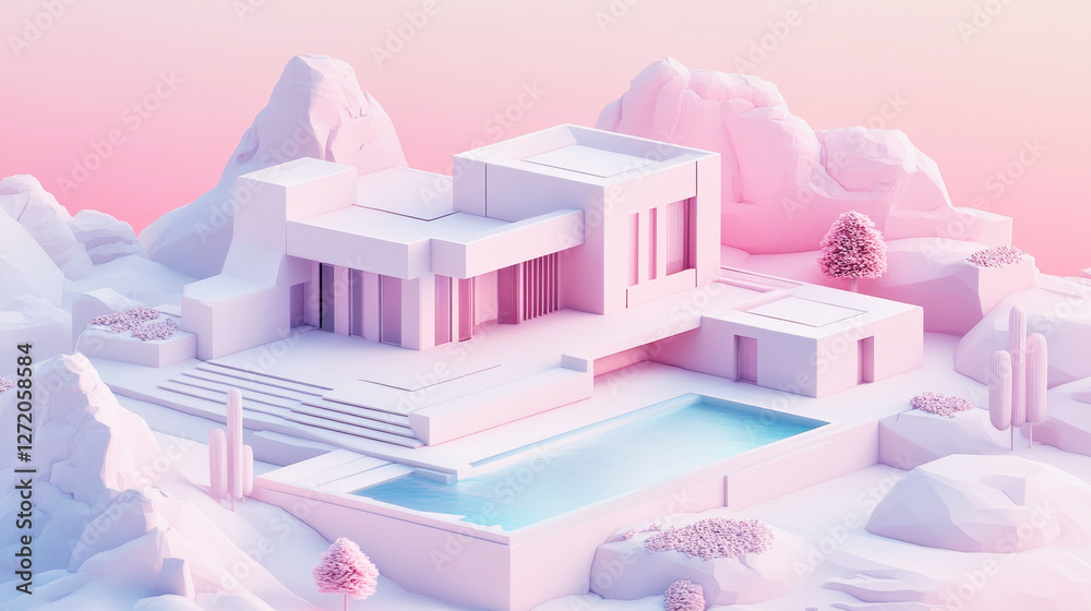 Stylized isometric house with pink hues in a serene landscape featuring distant mountains Stylized isometric house with pink hues in a serene landscape featuring distant mountains