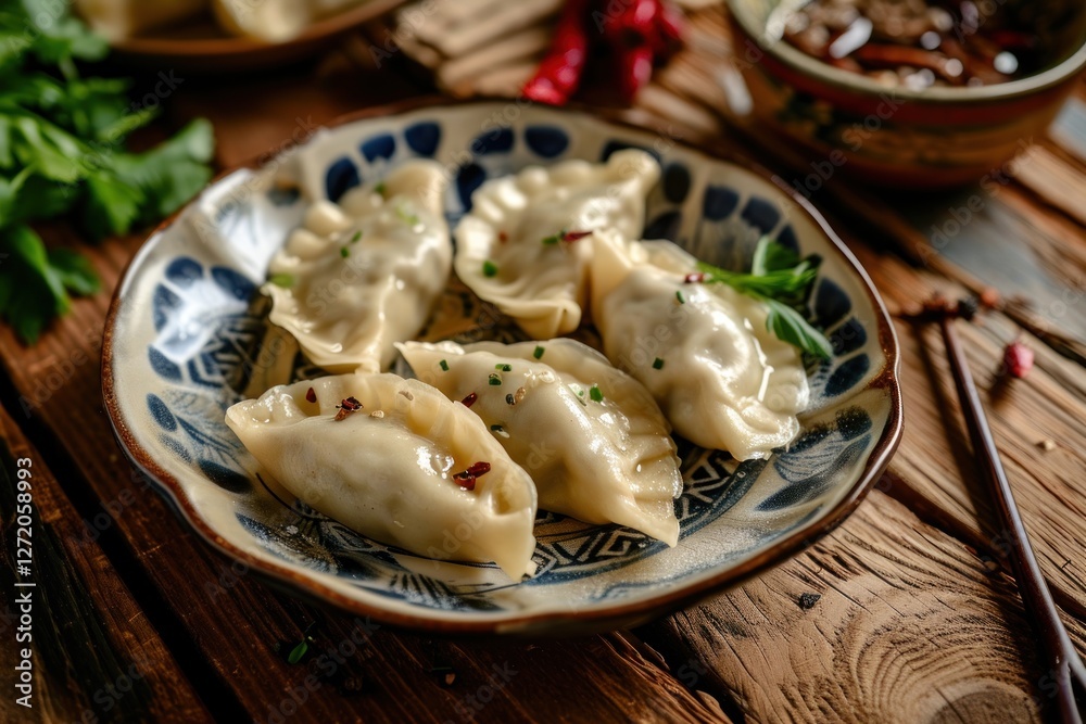 Delicious homemade dumplings arranged beautifully on a decorative plate. This traditional dish is perfect for family gatherings and festive occasions showcasing culinary skill and cultural heritage Delicious homemade dumplings arranged beautifully on a decorative plate. This traditional dish is perfect for family gatherings and festive occasions showcasing culinary skill and cultural heritage