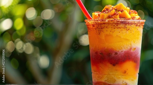 A close-up view captures a colorful Mangonada served in a tall glass