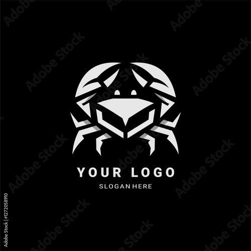 A dynamic, futuristic crab logo with sharp geometric lines and a symmetrical structure. Ideal for esports, tech branding, and corporate identity. The black, white, and gray tones enhance its sleek, mo