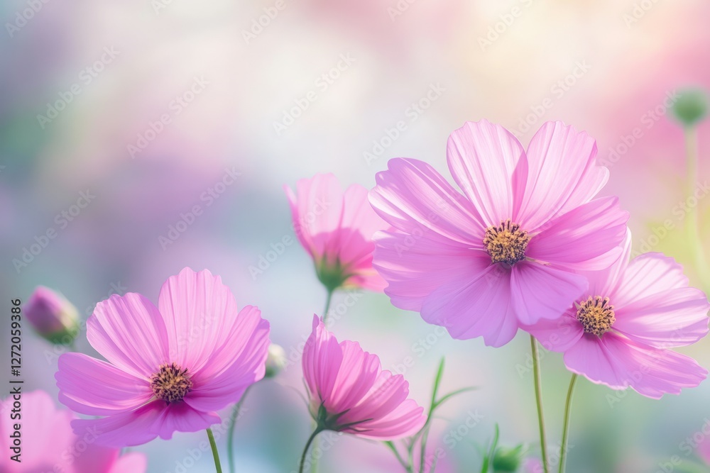 Delicate Pink Cosmos Flowers in Soft Focus with Gentle Bokeh Background Blending Light and Color Delicate Pink Cosmos Flowers in Soft Focus with Gentle Bokeh Background Blending Light and Color
