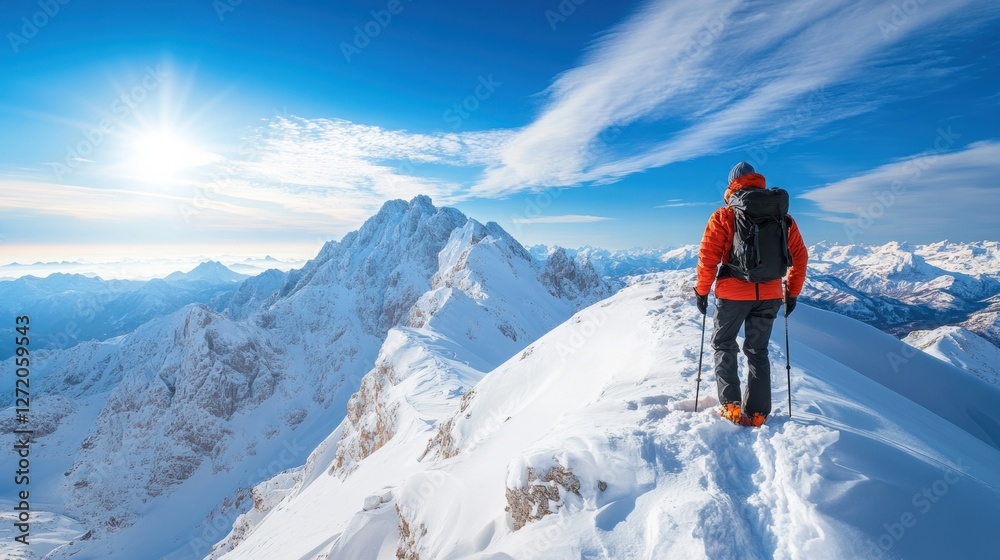 Person In Coat Standing On Snowy Mountain Ridge In Bright Sunlight Person In Coat Standing On Snowy Mountain Ridge In Bright Sunlight