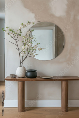This entryway showcases a minimalist design with a round mirror above a wooden console table. Fresh flowers and decorative pieces add a touch of nature and tranquility to the inviting space