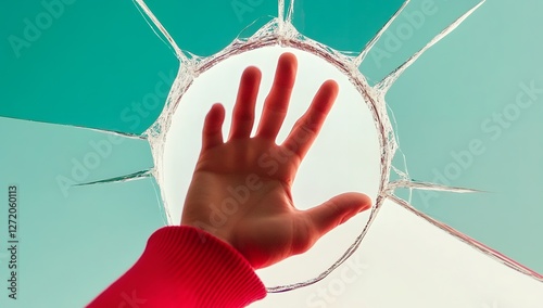 A hand reaches through a cracked, circular hole in a teal and white pane of glass, symbolizing breakthrough or escape