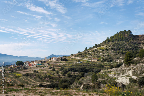 Paisaje de montaña con la población de Balones en día soleado de invierno. España photo