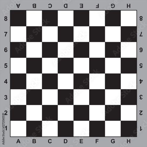 Classic chessboard with coordinates, black and white playing field for chess or checkers with light gray frame, border