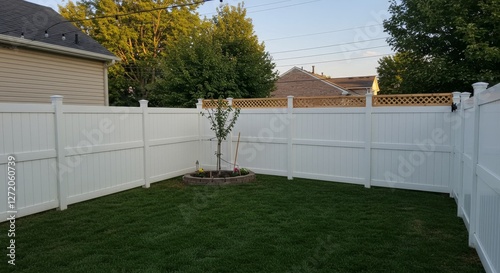 White Vinyl Fence Backyard Enclosure - A newly installed white vinyl fence surrounds a small backyard, creating a private and secure outdoor space. A young tree sits in a landscaped planter