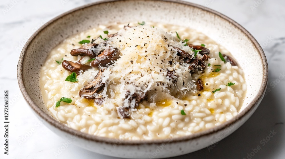 Creamy bowl of risotto porcini mushroom Parmesan cheese drizzle of truffle oil Creamy bowl of risotto porcini mushroom Parmesan cheese drizzle of truffle oil