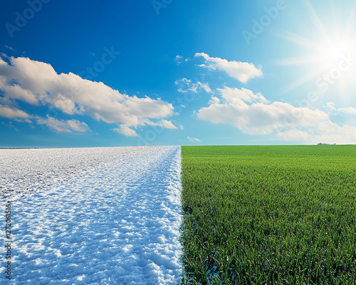 A beautiful landscape showing a clear line separating a snow-covered field from a lush green one under a bright blue sky, symbolizing the transition from winter to spring.