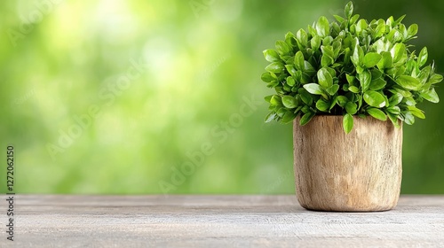 Wooden planter with fresh greenery on a tabletop. Outdoor setting. Stock photo