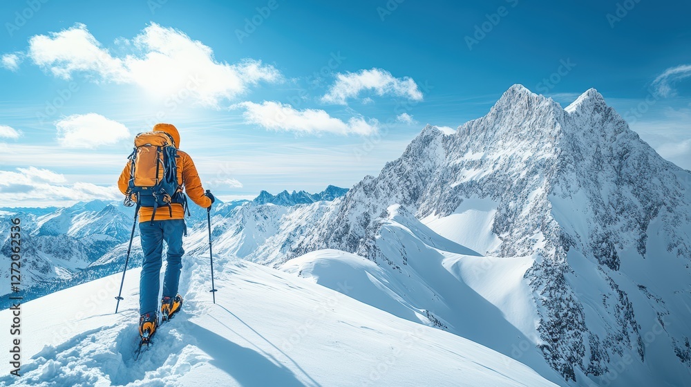 View Of Person Hiking Mountain Trail Under Cloudy Sky During Winter Season With Snow On Ground View Of Person Hiking Mountain Trail Under Cloudy Sky During Winter Season With Snow On Ground