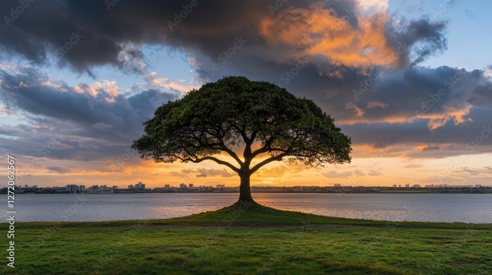 Fototapeta premium Solitary tree silhouette at sunset, city skyline, waterfront park, peaceful nature scene