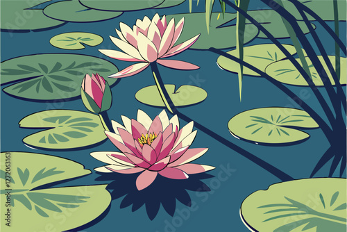 71 Vibrant lotus flowers, serene pond surface, circular lily pads, deep blue water, reflective water surface, pink lotus blooms, tranquil nature scene, lush green foliage, sunlit aquatic plants, high 