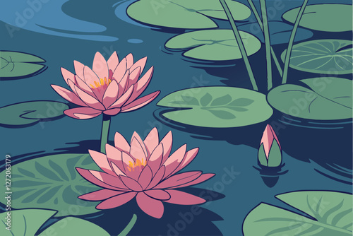 71 Vibrant lotus flowers, serene pond surface, circular lily pads, deep blue water, reflective water surface, pink lotus blooms, tranquil nature scene, lush green foliage, sunlit aquatic plants, high 
