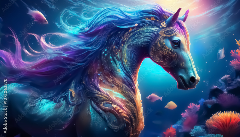 Majestic Underwater Horse in Vibrant Coral Palace with Glowing Colors Majestic Underwater Horse in Vibrant Coral Palace with Glowing Colors