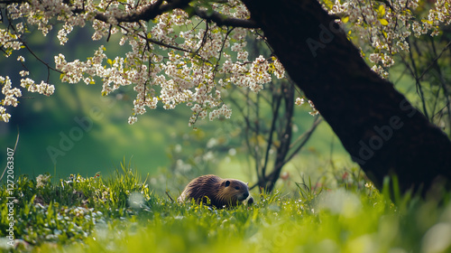 Beaver resting under blooming apple tree branches in a vibrant spring landscape photo