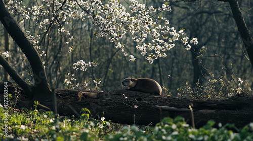 Beaver lounging on a log beneath flowering branches in a tranquil spring setting
 photo