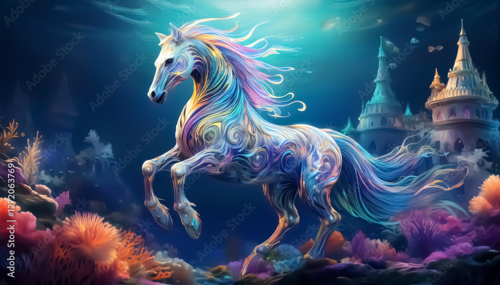 Mystical Underwater Horse and Glowing Palace in Vibrant Marine World Mystical Underwater Horse and Glowing Palace in Vibrant Marine World