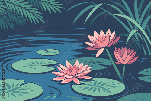 71 Vibrant lotus flowers, serene pond surface, circular lily pads, deep blue water, reflective water surface, pink lotus blooms, tranquil nature scene, lush green foliage, sunlit aquatic plants, high 