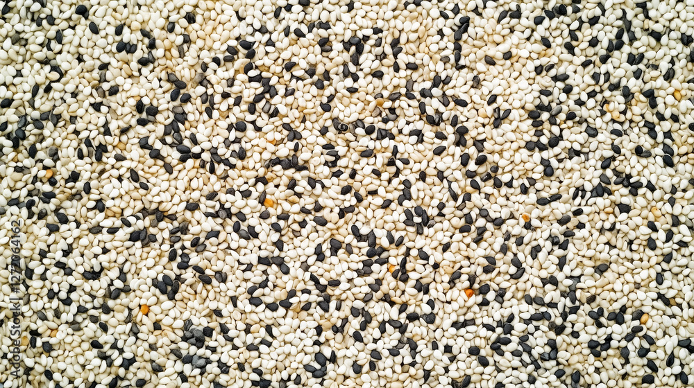 A contrast of white and black sesame seeds, distinctly set against a plain white background A contrast of white and black sesame seeds, distinctly set against a plain white background