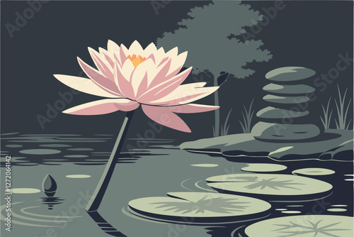  Serene lotus flower, pink petals, water lily, zen garden, soft lighting, dark background, reflective water surface, single stem, large leaf, photorealistic, high detail, tranquil atmosphere, spirit