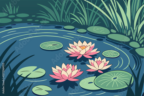 71 Vibrant lotus flowers, serene pond surface, circular lily pads, deep blue water, reflective water surface, pink lotus blooms, tranquil nature scene, lush green foliage, sunlit aquatic plants, high 