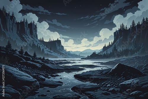 Dimmed Dark Volcanic Stone Landscape Illustration on Blank Canvas