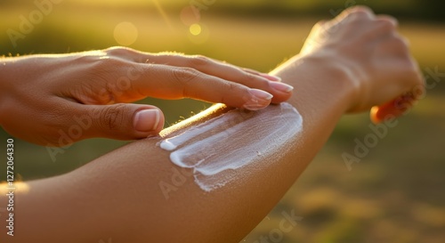 Applying Sunscreen Lotion Outdoors - Summer skincare, sun protection, healthy habits, outdoor activity, self-care photo