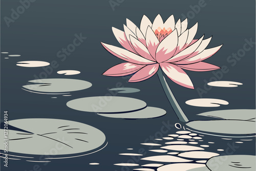 72 Serene lotus flower, pink petals, water lily, zen garden, soft lighting, dark background, reflective water surface, single stem, large leaf, photorealistic, high detail, tranquil atmosphere, spirit