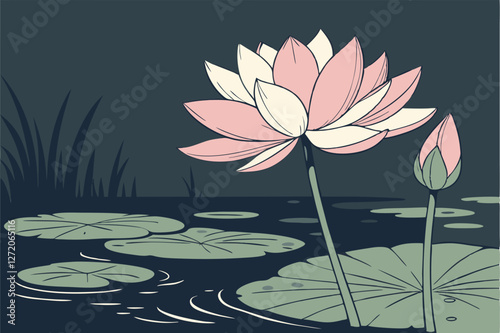 72 Serene lotus flower, pink petals, water lily, zen garden, soft lighting, dark background, reflective water surface, single stem, large leaf, photorealistic, high detail, tranquil atmosphere, spirit