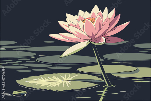 72 Serene lotus flower, pink petals, water lily, zen garden, soft lighting, dark background, reflective water surface, single stem, large leaf, photorealistic, high detail, tranquil atmosphere, spirit