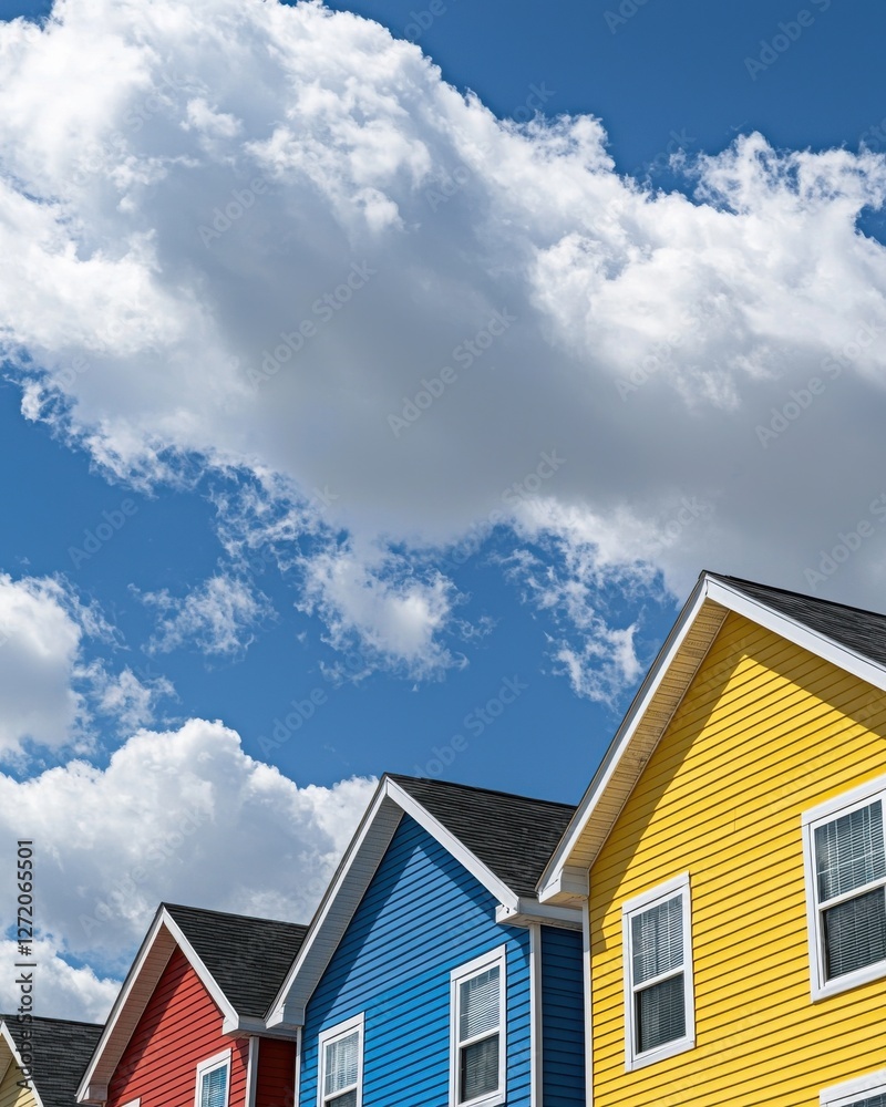 Colorful Houses Under Bright Blue Sky with Fluffy Clouds in Sunny Daylight for Architectural and Travel Themes Colorful Houses Under Bright Blue Sky with Fluffy Clouds in Sunny Daylight for Architectural and Travel Themes