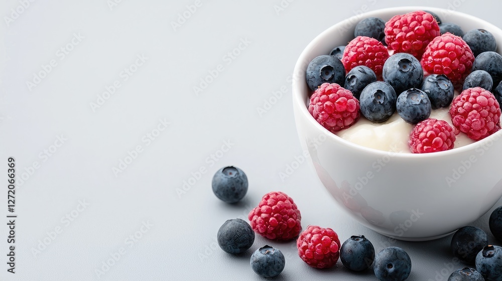 Berries and Yogurt Parfait on Gray Background. Use Healthy breakfast image Berries and Yogurt Parfait on Gray Background. Use Healthy breakfast image