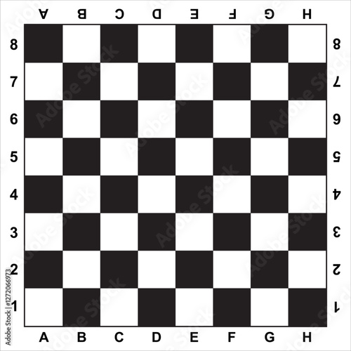 Classic chessboard with coordinates, black and white playing field for chess or checkers with white frame, border