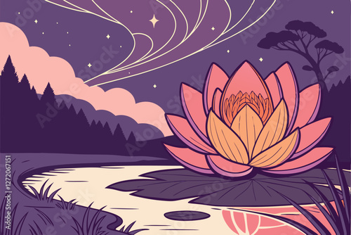 74 Cosmic lotus flower, spiritual awakening, vibrant pink and orange petals, ethereal glow, nebula background, starry night sky, purple cosmic clouds, reflective water surface, sacred geometry, divine