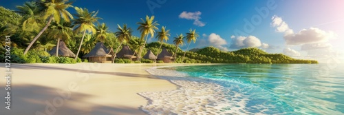 A banner depicting a tropical island paradise. The sea is washed by a white sandy beach. Palm trees sway in a light breeze, casting shadows on the golden sand.